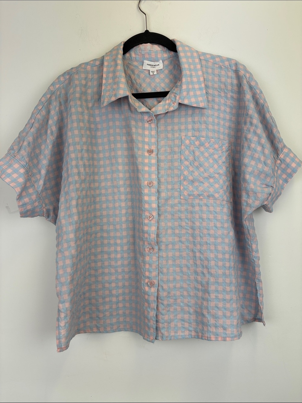 Annie Wear Oversized Gingham Button Front Top Small Blue Pink Check Boxy Blouse